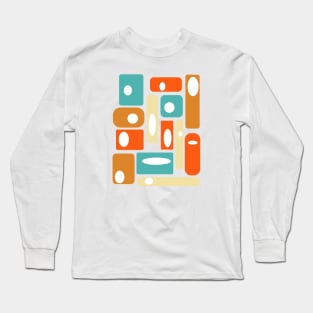 Turquoise Orange Cream Squares Mid-century Modern Long Sleeve T-Shirt